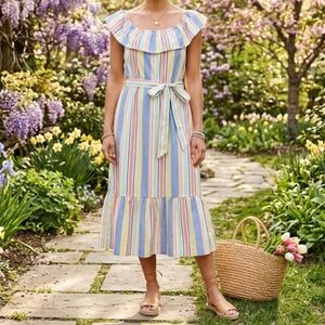 Draper James RSVP Pastel Striped Ruffle Midi Dress Size L Cotton